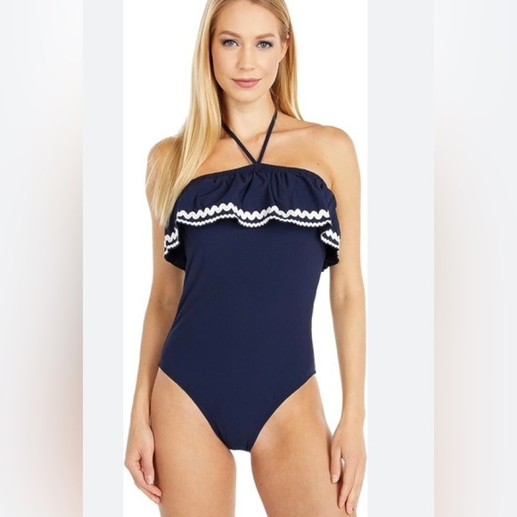 J. Crew Women Navy Blue Rickrack Ruffle Halter Tie Bandeau Swimsuit Sz 10 - Picture 1 of 8